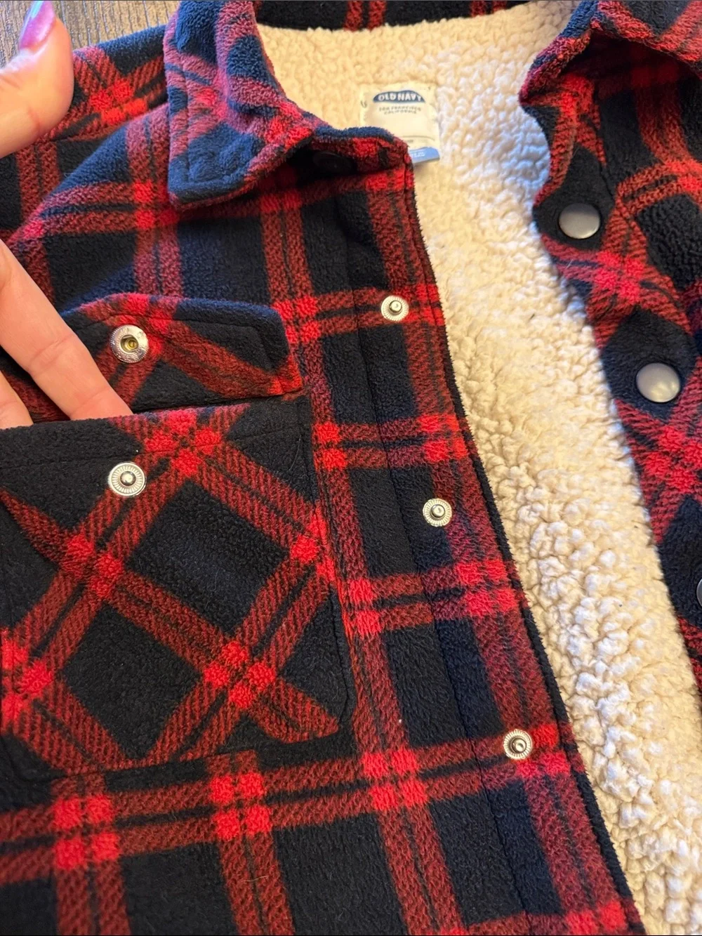Old Navy Red and Black Plaid Sherpa-Lined Fleece Jacket
